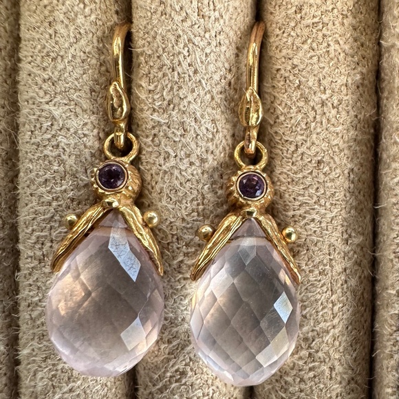 Designer Gabrielle Sanchez 14K Gold Rose Quartz & Purple Gemstone Drop Earrings